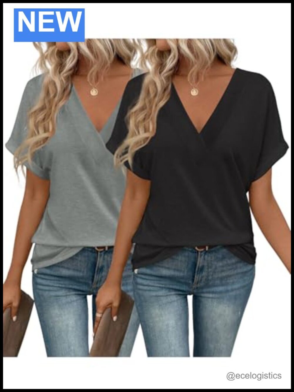 Women's V-Neck Short Sleeve T-Shirts Summer Casual Loose Fit Tees 2-Pack